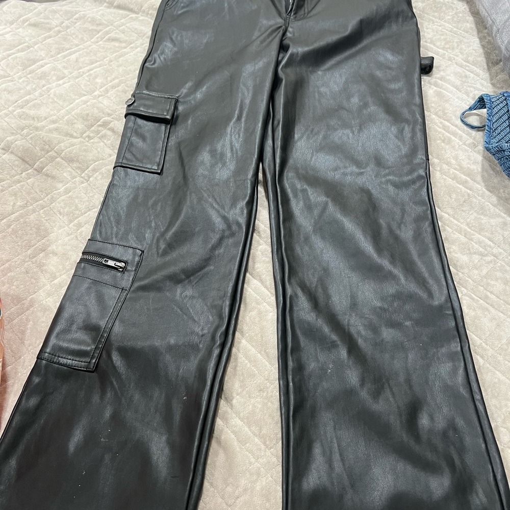 Black Faux Leather Cargo Pants